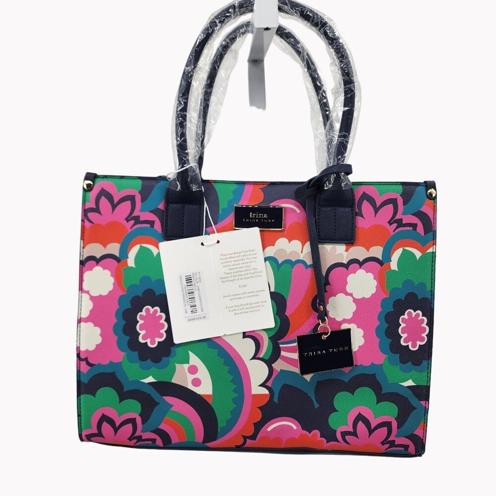 Trina Turk Floral Print Tote Bag 14x11 Floral Navy Pink Green Designer Purse